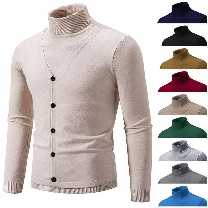 

Men's Knitted High Collar Sweater Fake Two-Piece Overhead Base irt Long Sve Slim Fit Daily Wear Dkmesa Brand