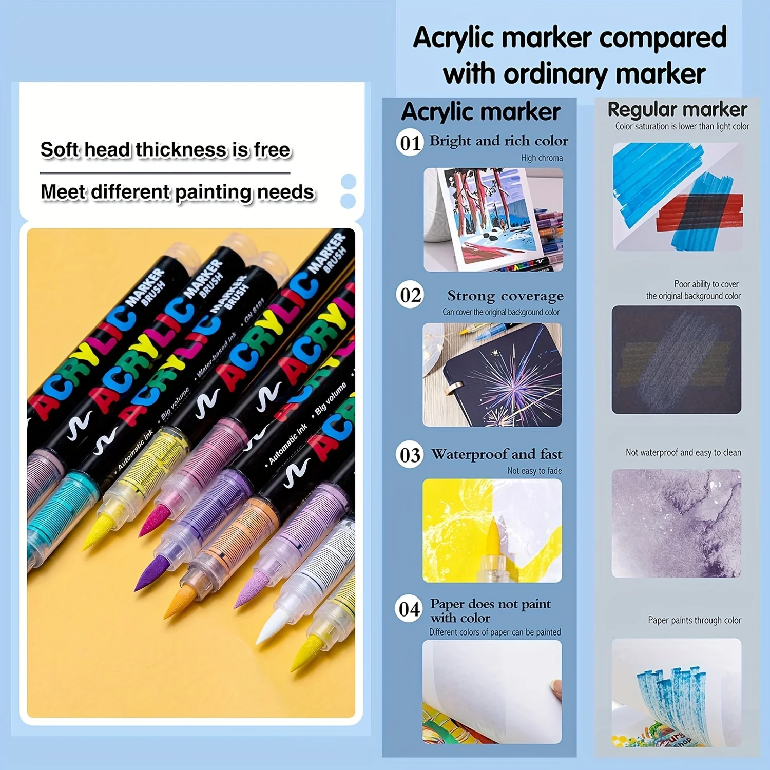 Acrylmarker Farbmarker mit Pinselspitze 12–72 Farben Acryl-Farbstift für Stein, Leinwand, Holz, Keramik, Erwachsene, zum Ausmalen, Basteln – Detail 4