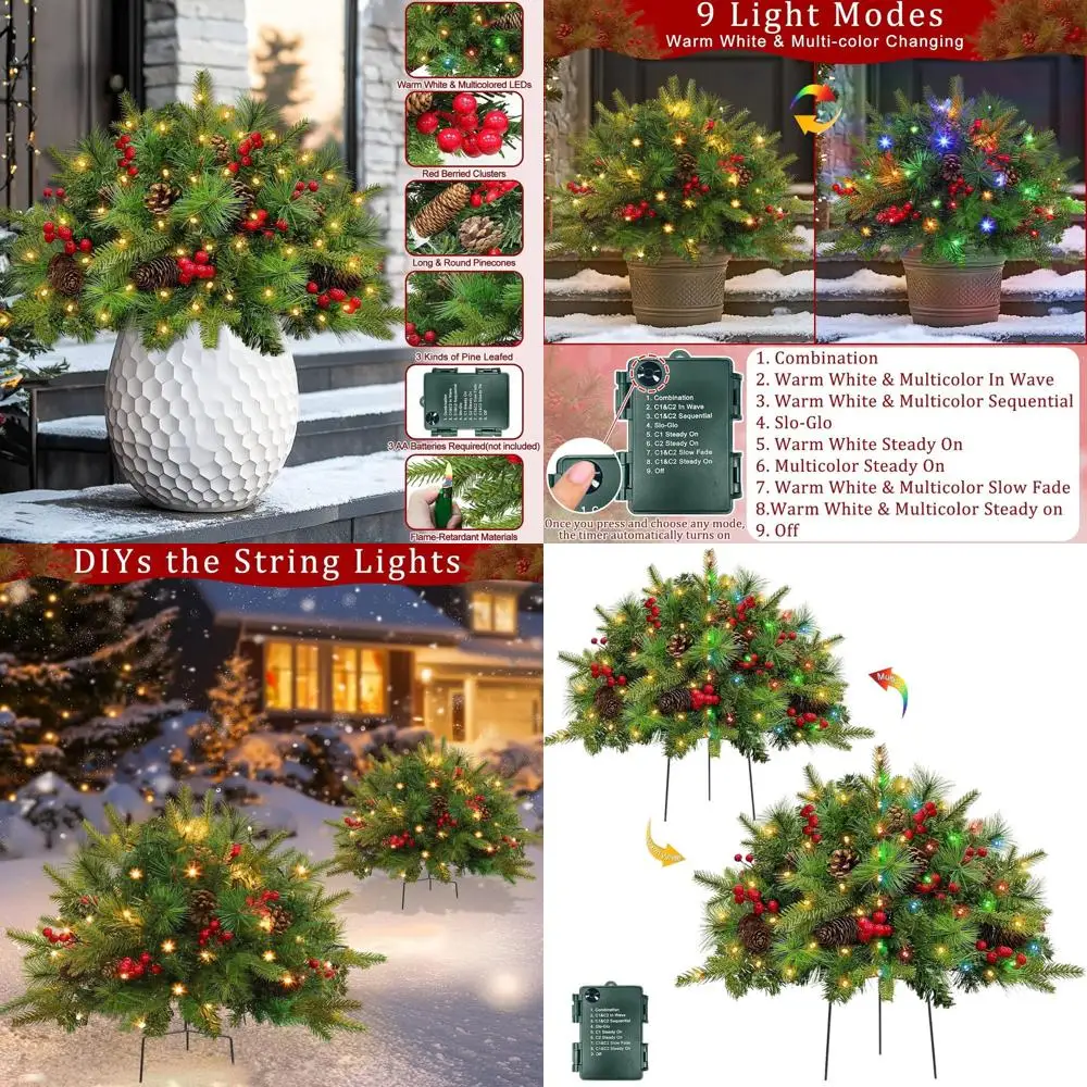 

Наполнители для уличной рождественской елки на батарейках с 8-режимной подсветкой, красными ягодами, сосновыми шишками и таймером для праздничного декора крыльца