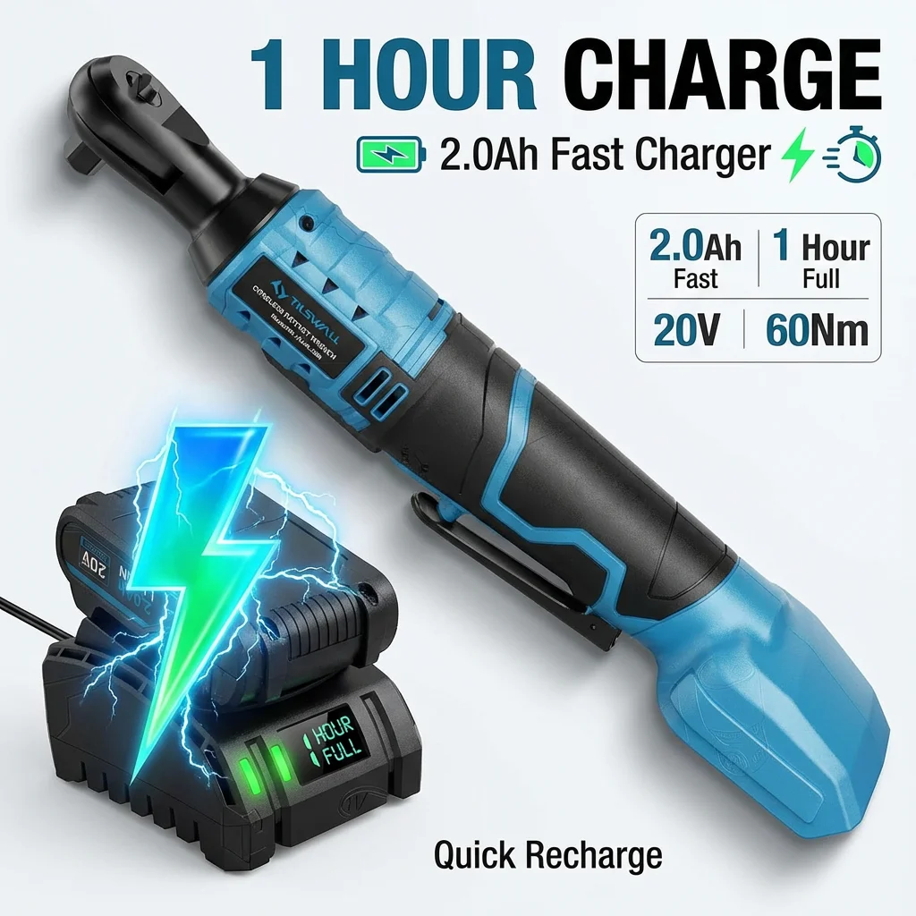 Blue/Orange 20V Cordless Electric Ratchet Wrench Set with 7 Sockets, 60 Nm Torque, 260 RPM, Variable Speed, 2000 mAh Lithium-Ion Battery Pack, and Charger for Automotive Repair, DIY, and Home Use