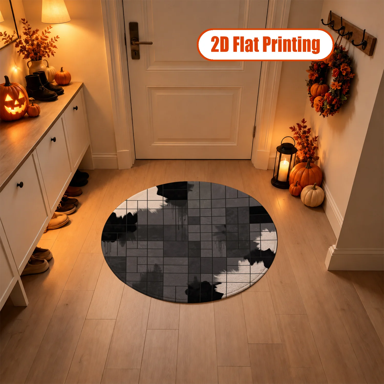 Abstract Black Gray Ink Grid Pattern Round Velvet Rug, Soft Velvet Floor Mat, Machine Washable, Ideal for Living Room, Bedroom, Office, Dining Room, Perfect for Halloween, Thanksgiving, Black Friday, Christmas, New Year Home Decor