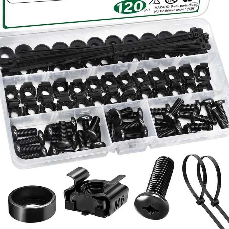 

120Pcs Rack Mount Cage Screws Nuts Washers and Self-Locking Cable Ties Set Rack Mount Screws and Square Insert Nuts Kit M6x16mm