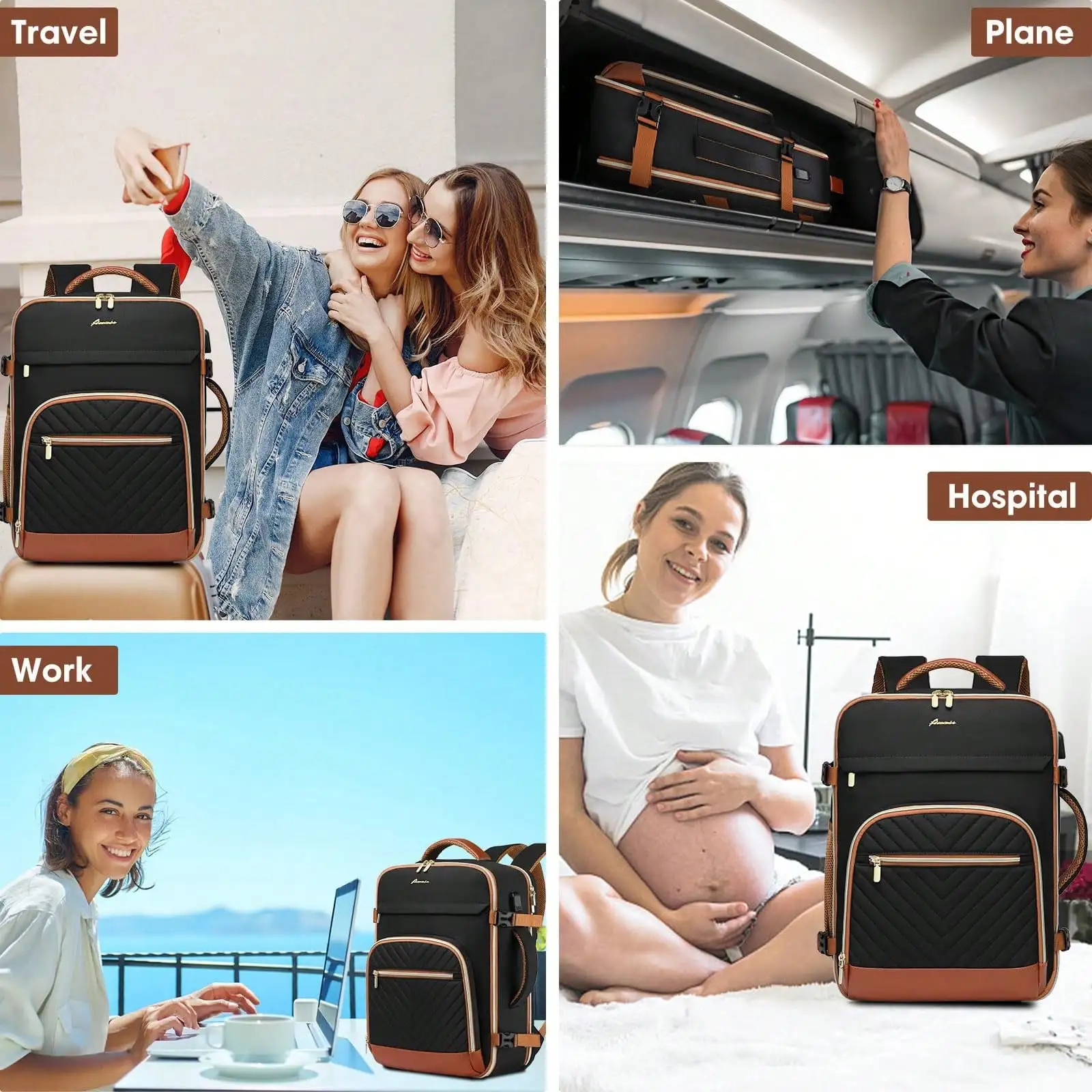Large Carry On Travel Backpack: Flight Approved 40L Waterproof TSA Personal Item Daypack For Women Weekender Bag Fit 17inch Laptop Luggage Backpack Traveling Business With USB Port And 3 Packing Cubes
