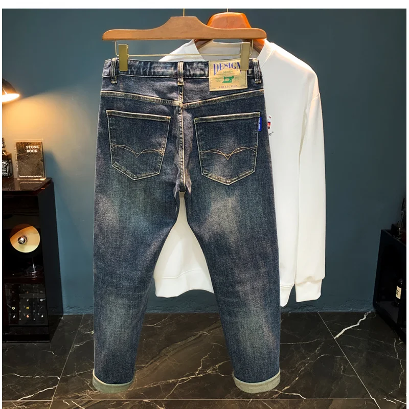 High-end herenjeans, herfsttrend 2022, gewassen Amerikaanse casual kleine rechte elastische broek heren