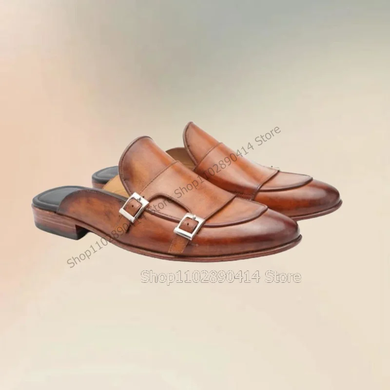 Brown Buckle Decor Double Monk Men Slippers Fashion Slip On Men Shoes Luxurious Handmade Party Banquet Office Men Casual Shoes