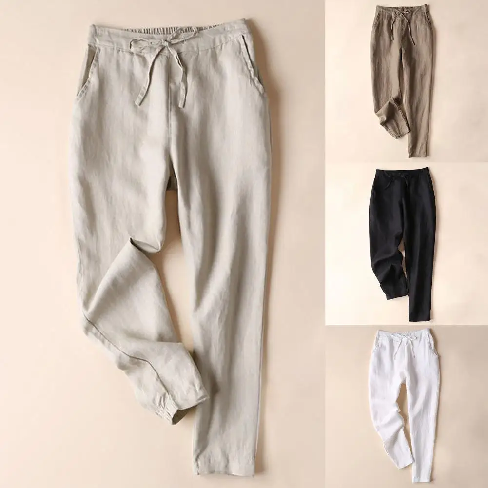 

All-matched Female Long Pants Elastic Waist High Waist Comfy Loose Drawstring Trousers Women Harem Pants For Daily Wear