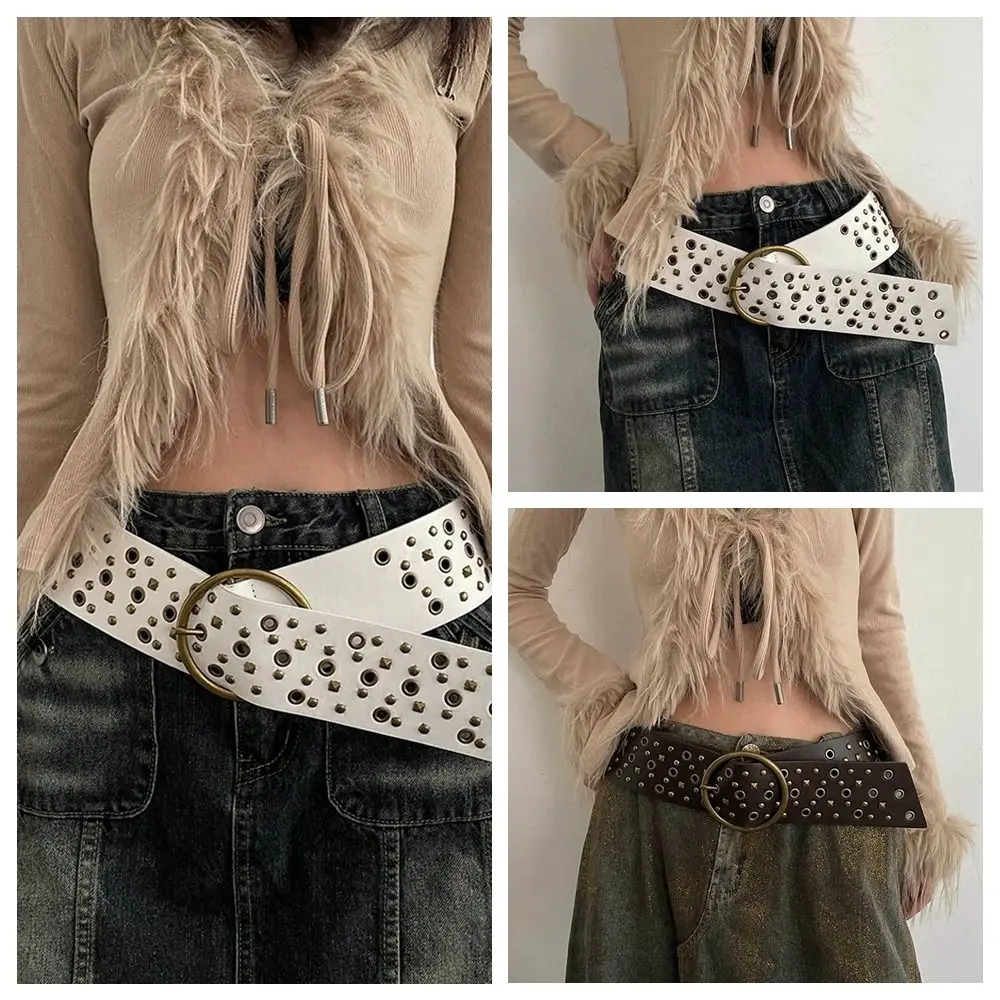 Elegant Rivet Cowgirl Belt Y2K Harajuku Wide Waistband Adjustable Round Buckle PU Leather Belt Ladies