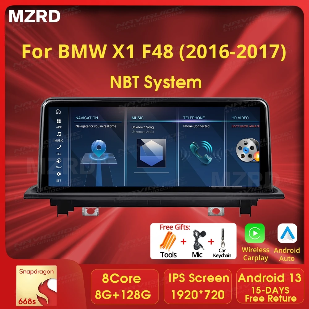 MZRD Android 13 Carplay Car Radio For BMW X1 F48 X2 F49 2016-2018 NBT EVO 8+128G Tools GPS Multimedia Video Player 4G WiFi BT