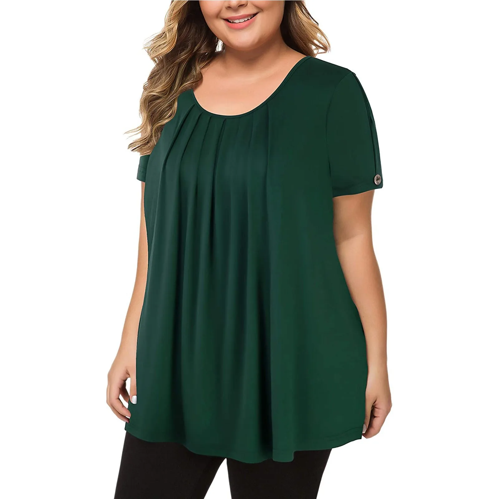 Plus Size Shirt Summer Woman Short Sleeve Casual Top Loose Female Pleated Blouse Tunic Solid Color Pullover Tops