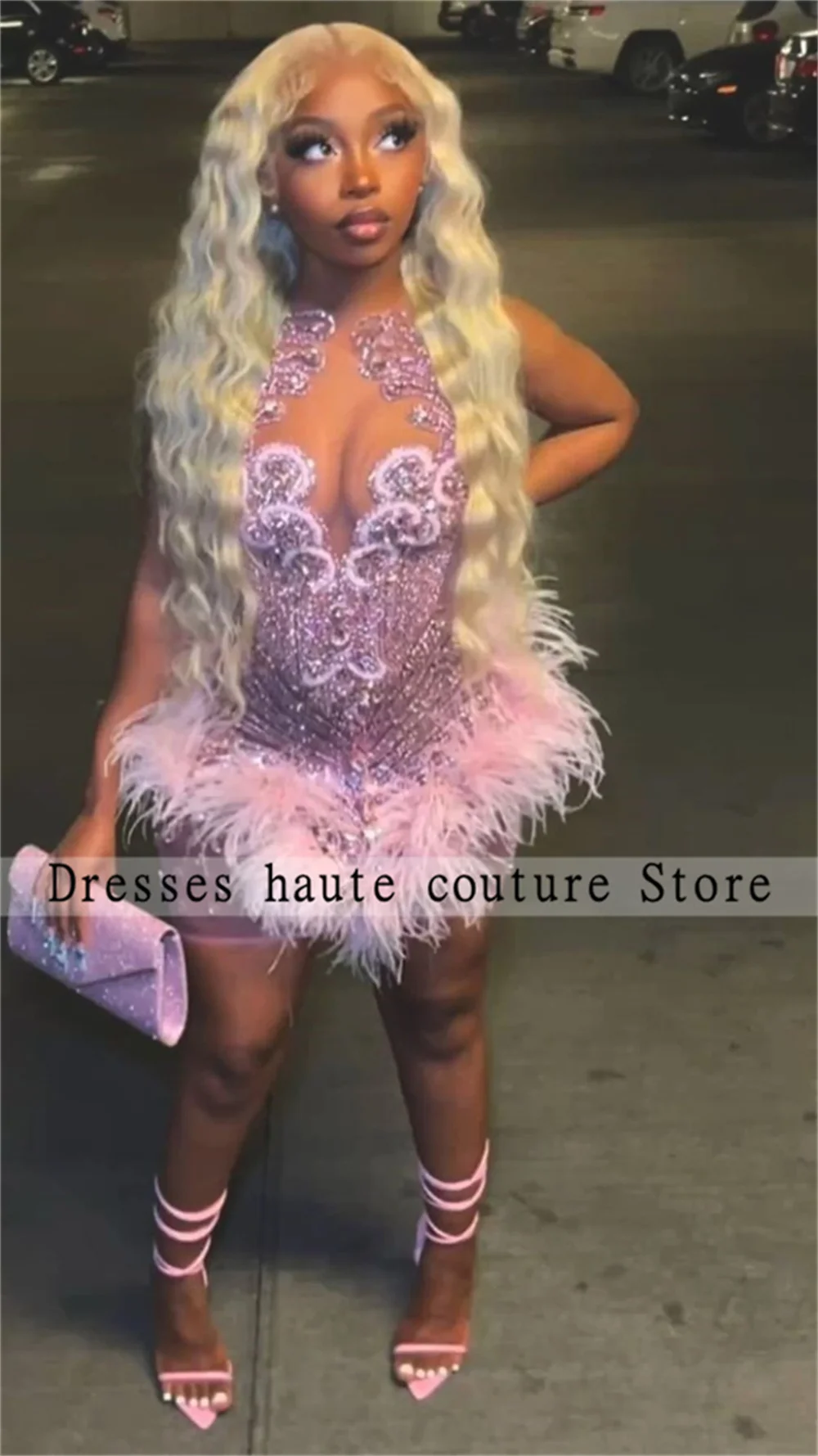 New PInk Crystal Rhinestones Short Prom Dress 2025 Black Girl Feathers Diamonds Cocktail Dress Formal Party Gowns Customized