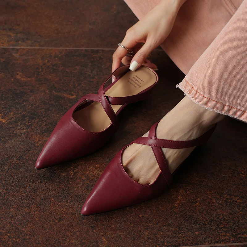 

2026 new summer women sandals natural leather 22-25cm cowhide+sheepskin+pigskin pointed toe cross-strap mules women shoes