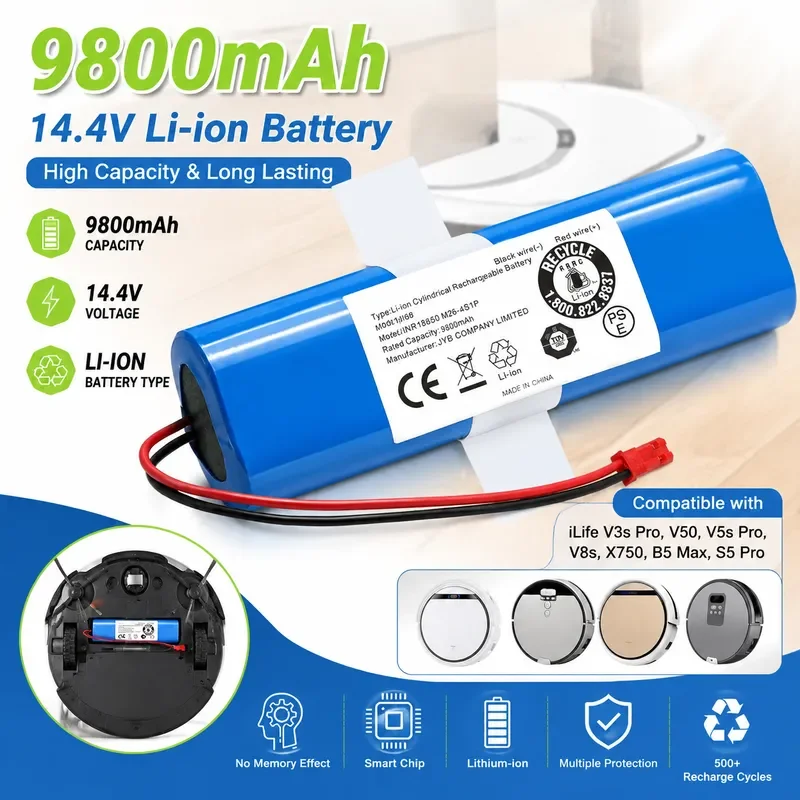 14.8V 12800mAh Lithium Battery Replacement for ILIFE V3s Pro V50 V5s Pro V8s V80 Max B5 Max S5 Pro X750 Robot Vacuum Cleaner