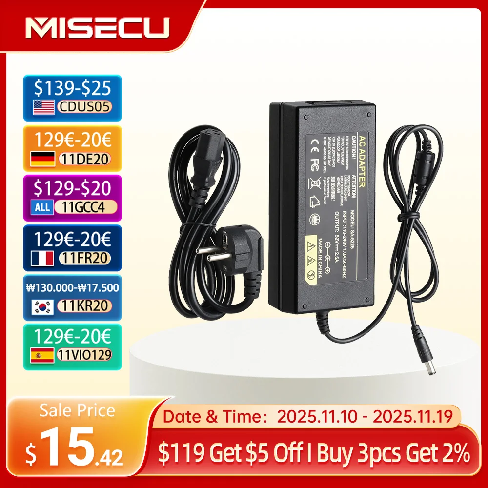 

MISECU 52 В 2,5 А DVR NVR адаптер питания переменного тока 100-240 В PoE рекордер наблюдения источник питания настенное зарядное устройство 5,41 мм вилка стандарта ЕС/США/Австралии/Великобритании