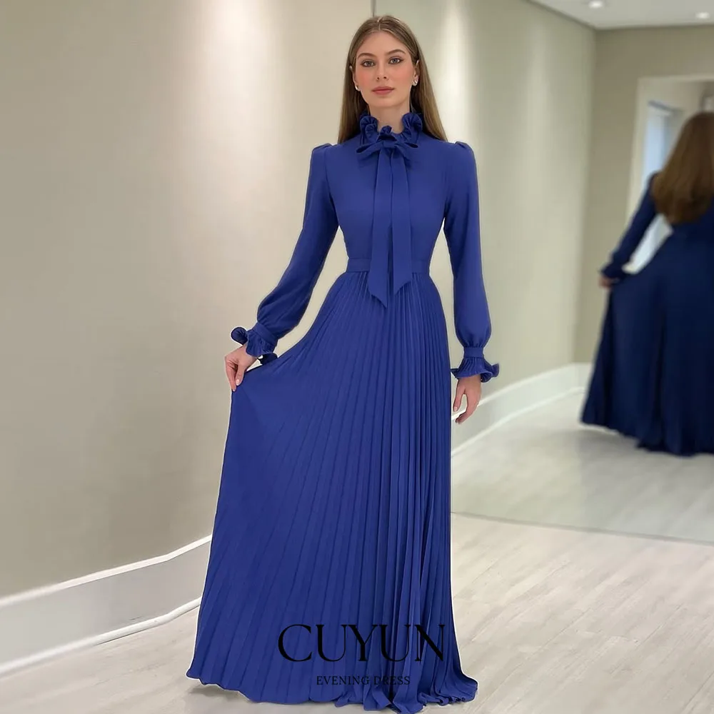 

CUYUN Customized Royal Blue Ruffled Women Evening Dress High Collar Long Sleeves Pleated Modest Long Prom Party Gown Women Dress