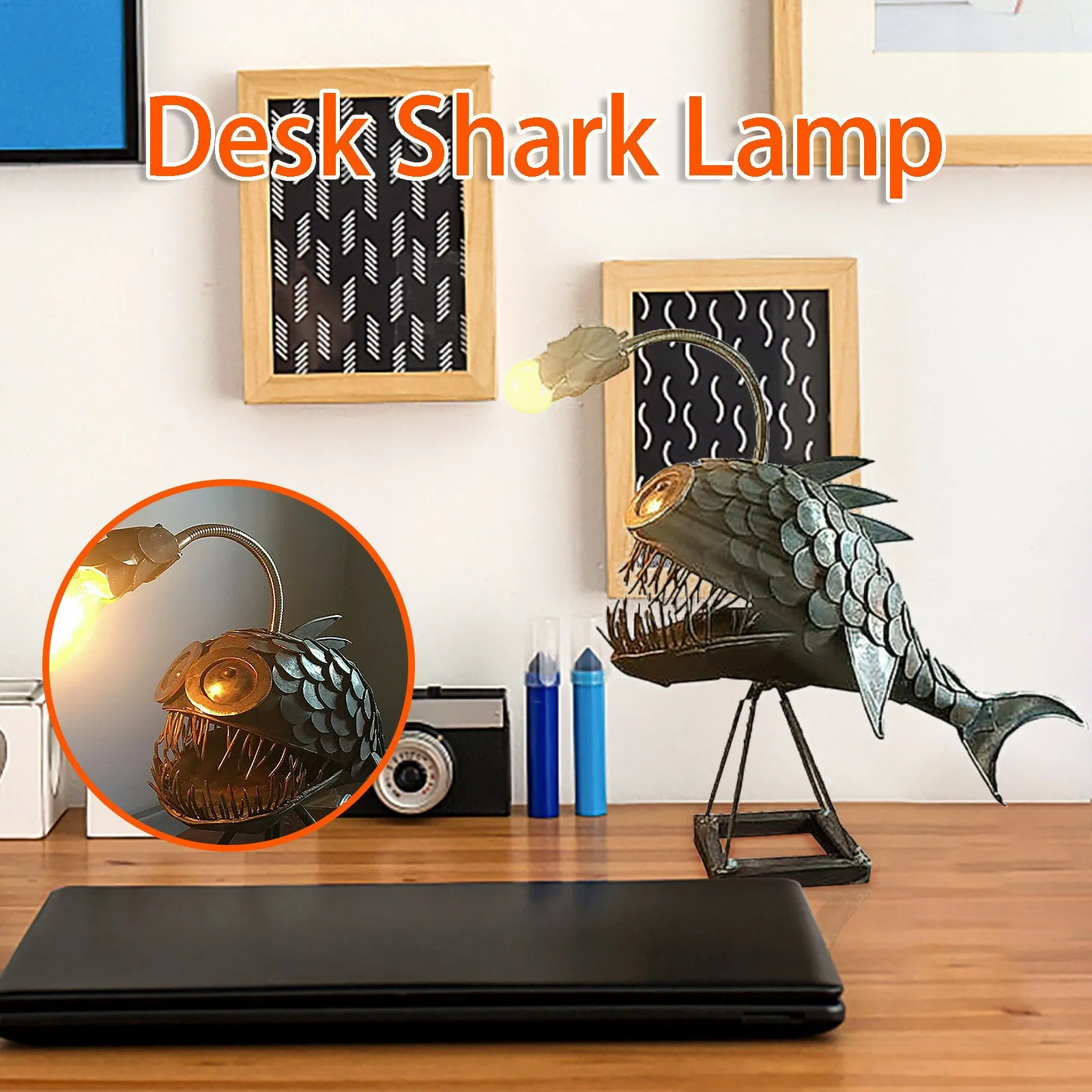 Creative Angler Fish Desk Lamp Shark Desktop Night Light USB Metal Art Lantern Table Decoration Bedroom Home Decoration Gift