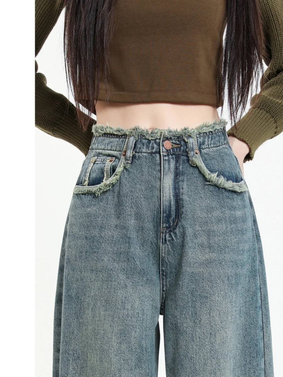 2025 Vintage Distressed-Jeans mit weitem Bein für Damen, Frühling und Sommer, neue lockere Passform, schlankmachende, drapierte Hose mit geradem Bein Wh6