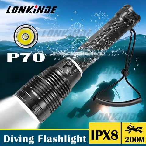 슈퍼 브라이트 XHP70.2 다이빙 손전등 IPX8 최고 방수 등급 전문 다이빙 라이트 26650 배터리 핸드 로프로 구동