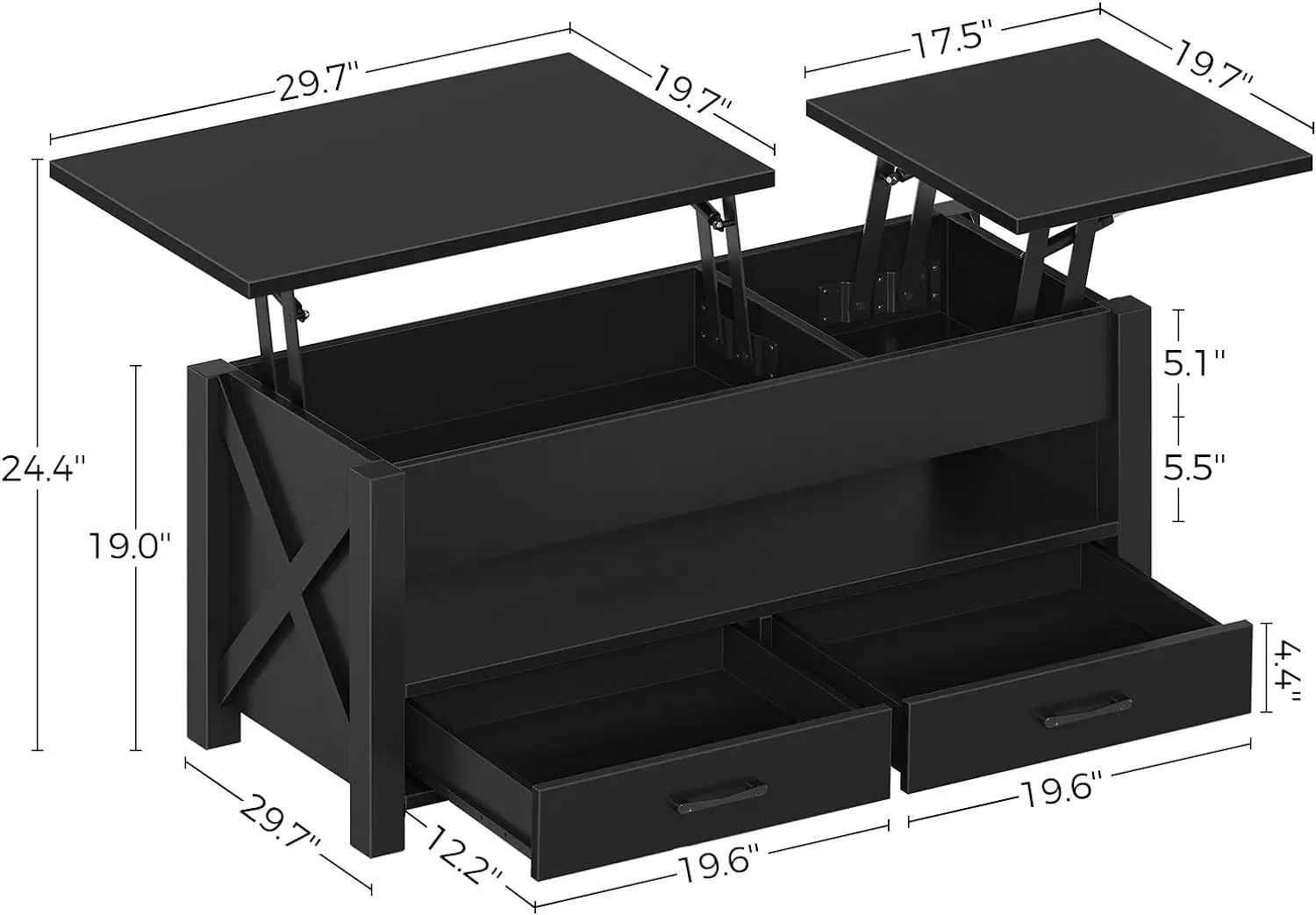 Salontafel, Salontafel 47.2 "Lift Met 2 Opbergladen En Verborgen Compartiment, X Houten Boerderijondersteuning, Retro