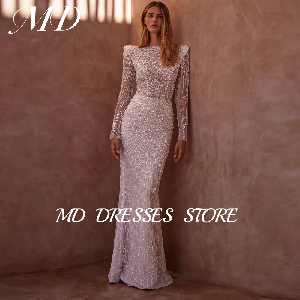 

MD 2025 Luxury Beaded Mermaid Wedding Dress Floor-Length Long Sleeveless Back Slit Bride Gown vestidos de novia Customized 2025