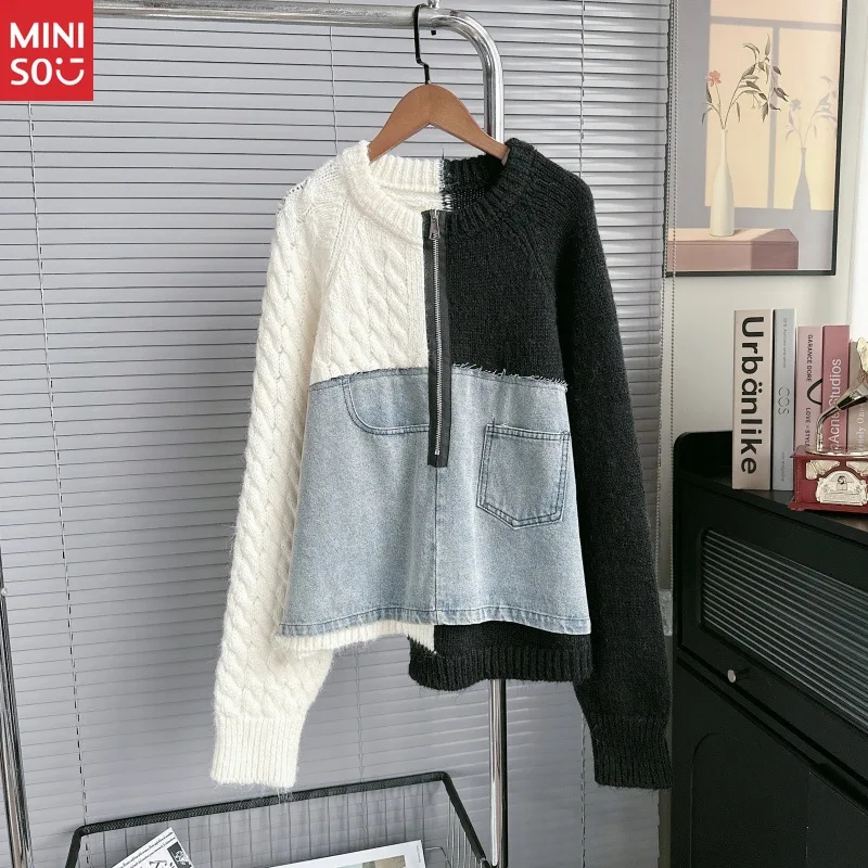 

Miniso French Style Pullover Sweater, Denim Colorblock Knit, Asymmetrical Niche Design Top