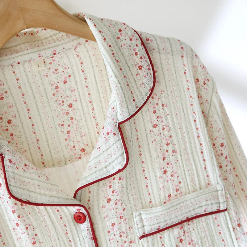 الصيف الخريف القطن طبقة مزدوجة الشاش الأزهار طباعة قميص طويل الأكمام السراويل منامة مجموعة لملابس المنزل النسائية #6