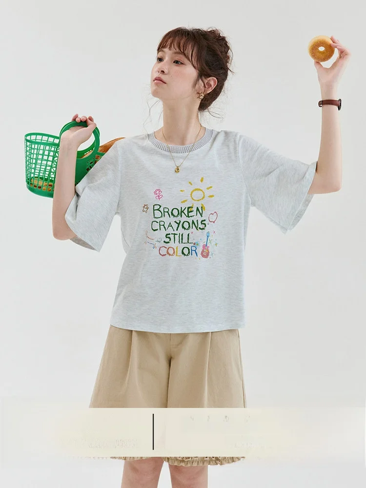 AMUU Original Anti-Aging Letter Print Bell Sleeve T-Shirt Women's Summer New Hollow out round Neck Top Korean Style Cotton Blend