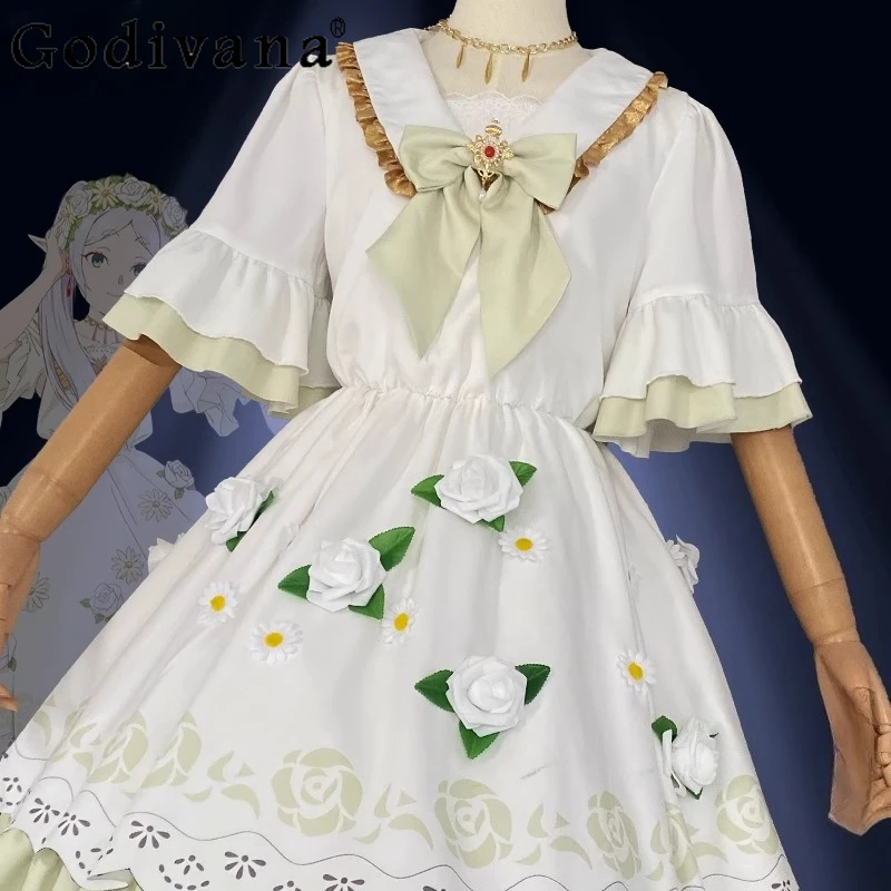 여름 게임 애니메이션 러블리 드레스 여성 할로윈 크리스마스 역할 놀이 드레스 여성 보우 칼라 꽃 달콤한 짧은 드레스