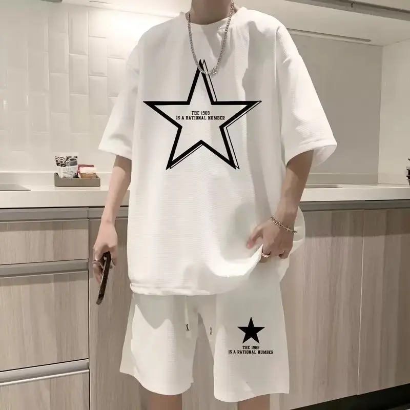 new Summer Tshirt Set Men star Printing Pure Cotton Tracksuit 2 Piece Sets Outfits Man Sportswear Hip Hop Streetswear S-5XL