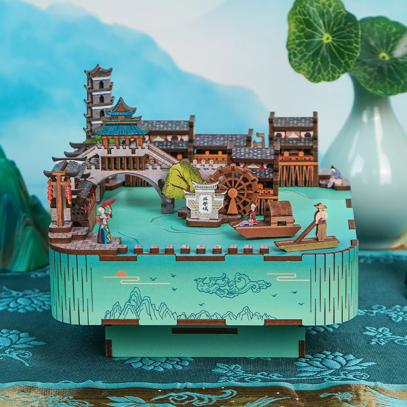 DIY 3D Wooden Fenghuang Ancient Town Music Box Miniature Model Kits Jigsaw Puzzles With Light Can Move for Friend Birthday Gifts