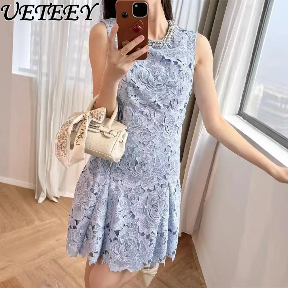 

Summer New French Retro Blue Hollow Sleeveless Dresses Heavy Industry Lace Temperament Slimming High-end Party Short Dress