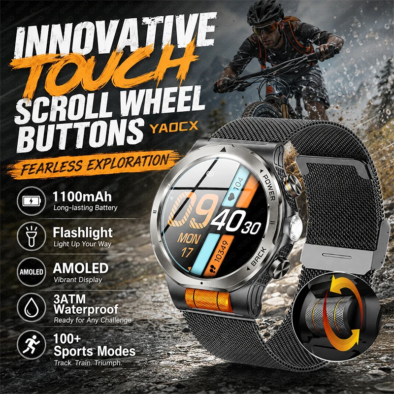 

Military Smart Watch Men 1.43" AMOLED Display 1100mAh Battery 3ATM Waterproof Wireless Calling 100+ Sports Modes Flashlight
