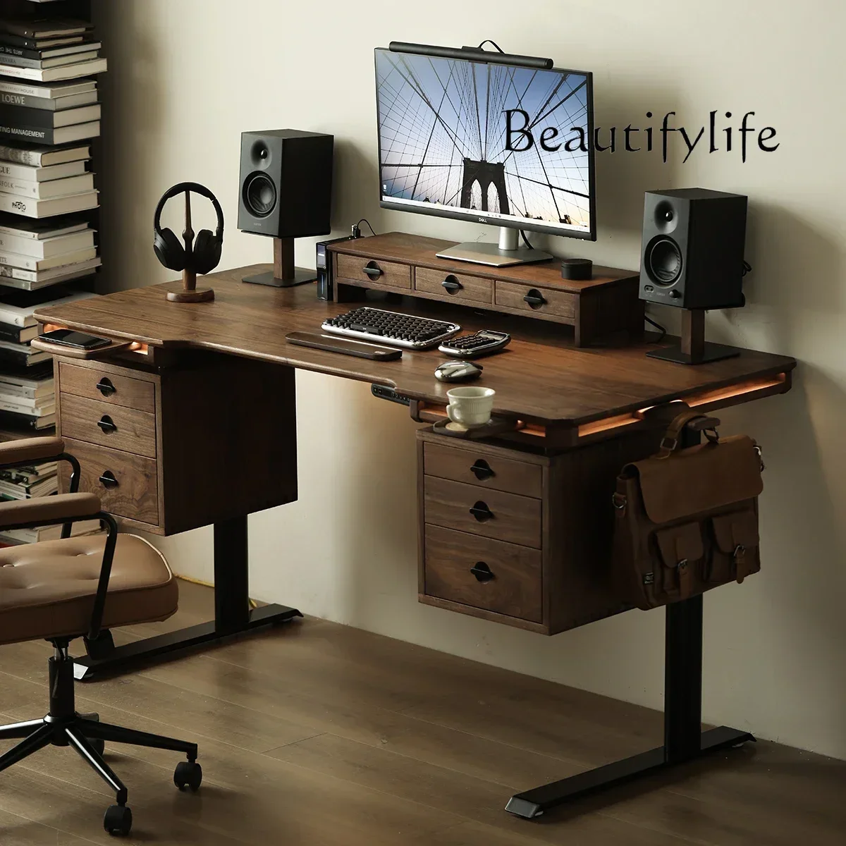 

N X Black Walnut Electric Lifting Desk Smart Computer Desk Solid Wood Learning Multifunctional Office Workbench