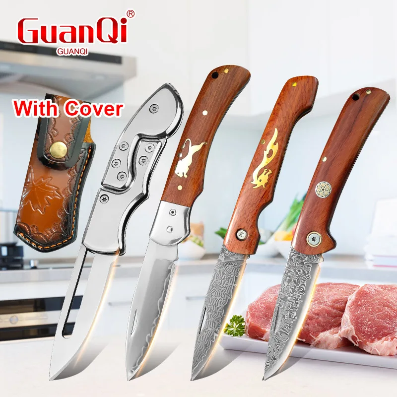 Folding Kitchen Utility Knife Comfort Wood Handle Sharp Blade With Leather Fruit Vegetable Slicing Boning Peeling Cooking Tool