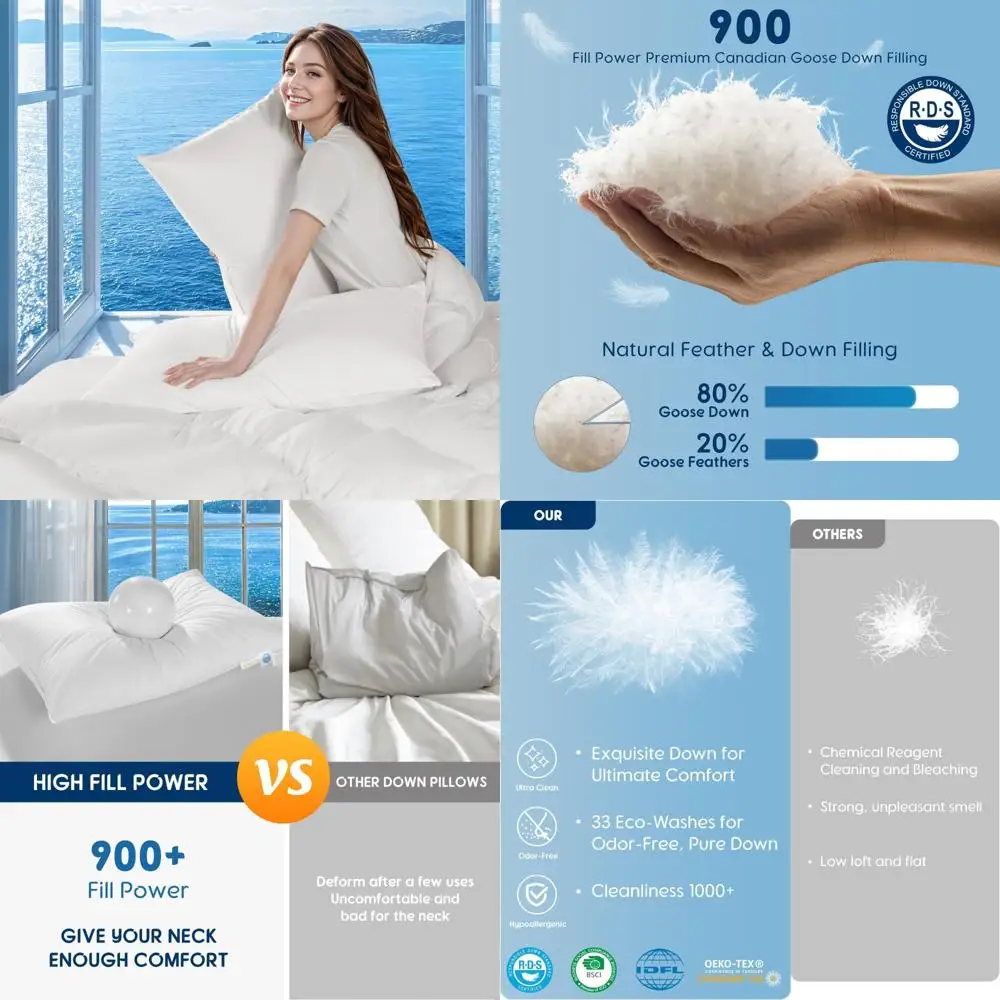 

King Size Canadian White Goose Down Pillows Set of 2, 1050 Fill Power, 800 Thread Count Cotton Cover, Plush Sleep Pillows