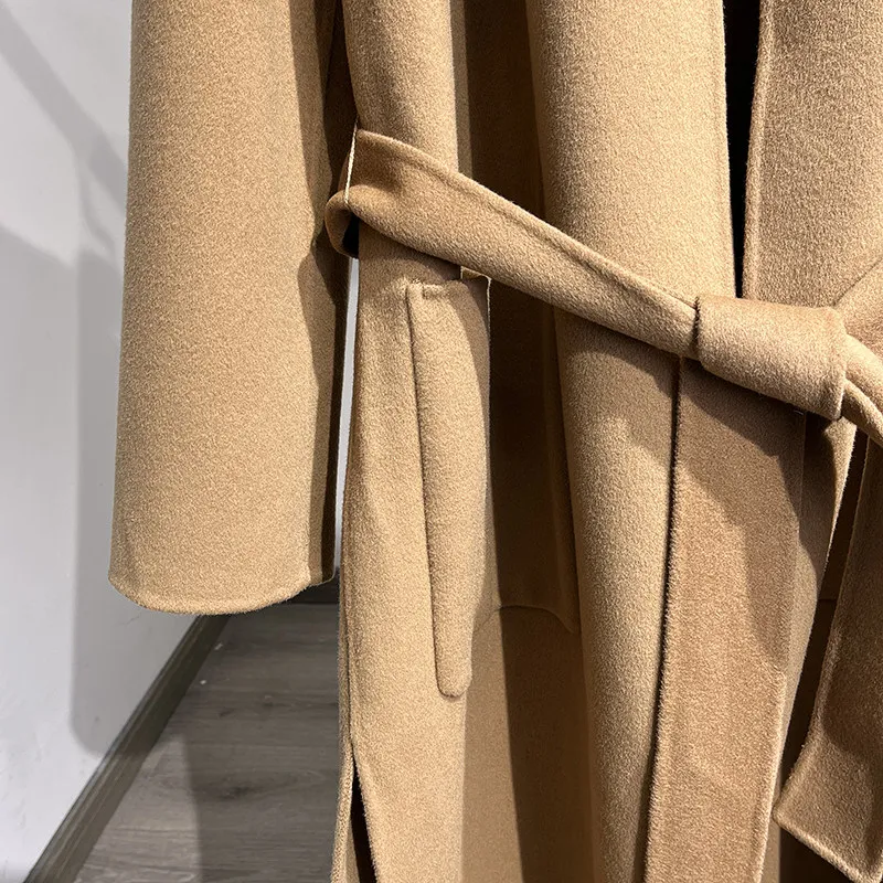 Original Winter Coat Women 100% Wool Handmade Bathrobe Style Double-sided Wool Women Coat Lapel Loose Belt Jacket Tide Autumn
