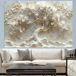 3D White Flowers And Gold Branches On Canvas,Relief Sculpture Style Poster Home Decor Painting,Wall Art Pictures Unframed