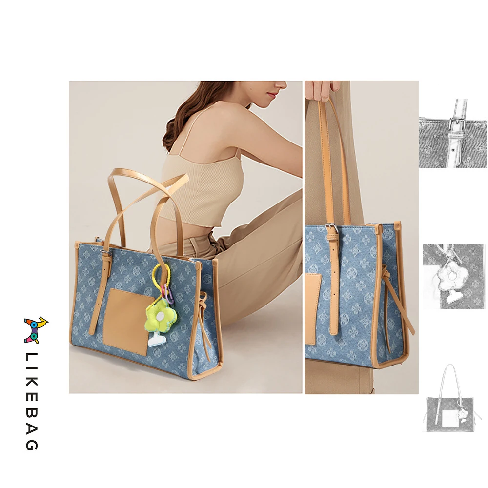 2022 Spring Summer New Danny Series Street Trend Large-Capacity Washed Embroidered Denim One-Shoulder Tote Bag