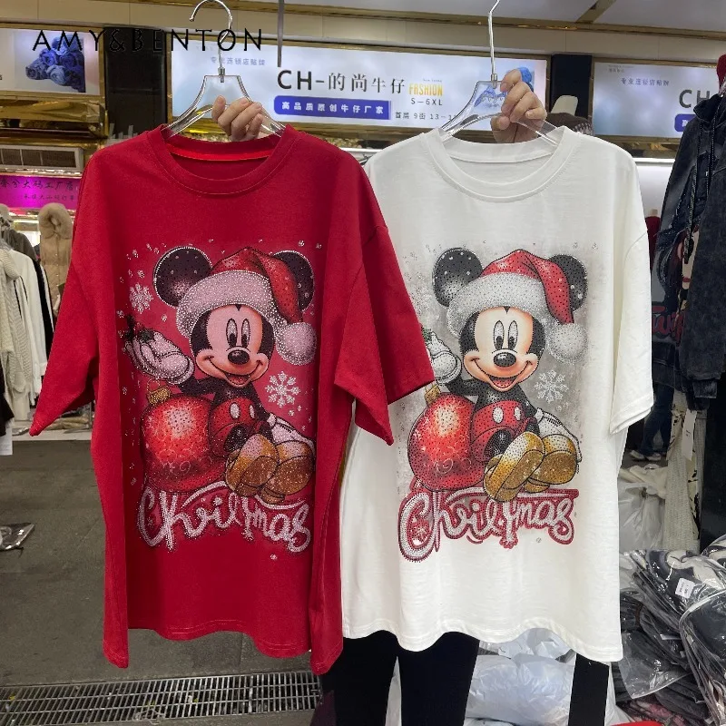 

New Rhinestone Full Rhinestone Christmas Cartoon Tshirts New Year Age-Reducing Fashion Loose Short Sleeved T-shirt Top For Women