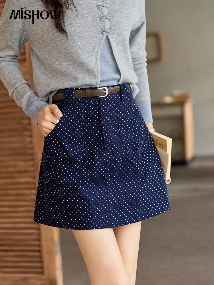 MISHOW Dot Print Corduroy Casual Short Skirt Women Autumn 2024 High Waist Slim A-line Skirt Retro Blue Short Skirts MXD44B0485