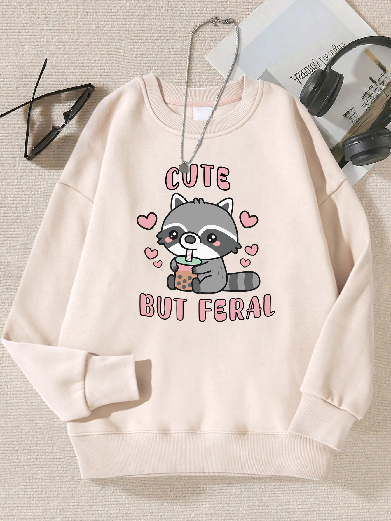 Cute Raccons But Feral Printed Sweatshirt Fashion Warm Pullovers Casual Trendy Clothes Street Women Comfortable Sportswear