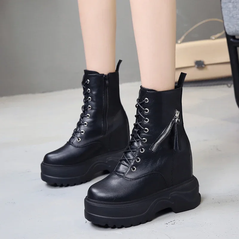 11CM New Women Autumn Ankle Boots Increase Platform Zipper Sneakers Woman Leather Boots High Heels Winter Motorcycle Boots