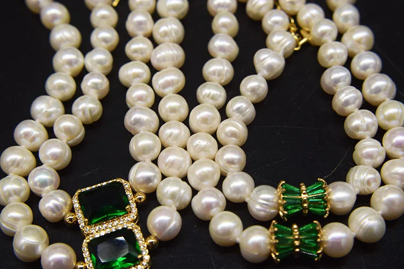 

one set freshwater pearl necklace white near round 7-8mm necklace and bracelet green zircon