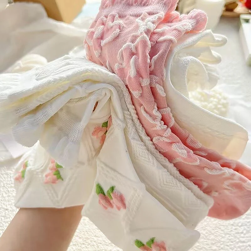 5 Pairs Of Lolita Cute White Socks Set For Girls Spring And Summer Sweet Ruffled Cute Cotton Socks For Women