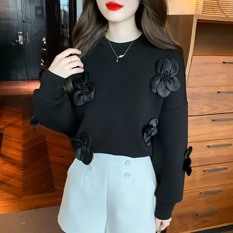 Temperament loose o neck three-dimensional flower sweatshirt women autumn and winter new loose and slimming pullover sweatshirt