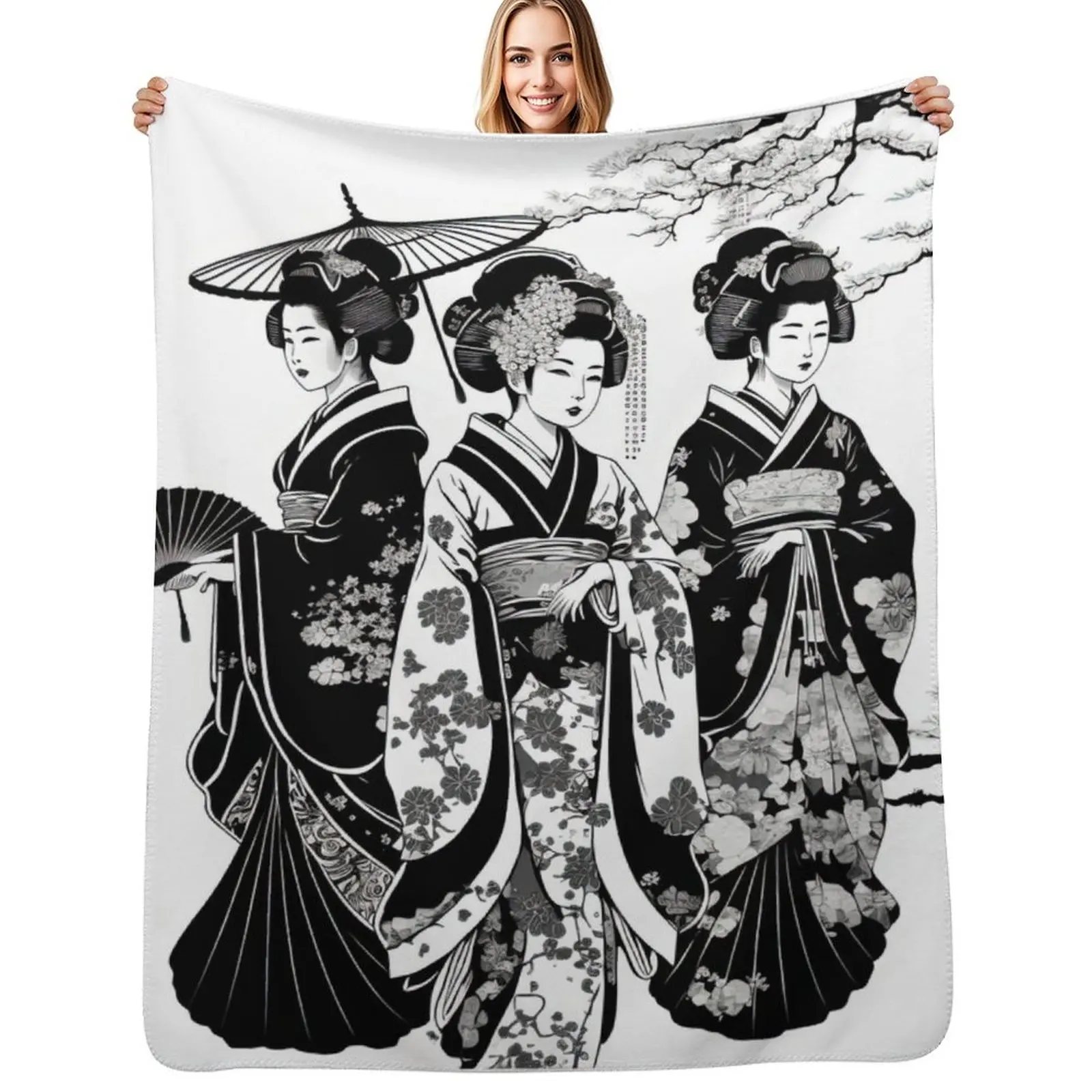 Beautiful Geisha in Black and White Throw Blanket Sofa Sleeping Bag Thin Luxury Designer Flannel Fabric warm for winter Blankets