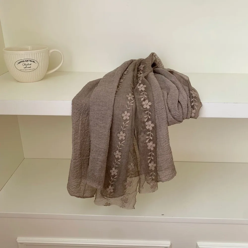 Versatile Cotton Linen Lace Patchwork Scarf Long Solid Color Thin Gauze Scarf Thin Breathable Shawl and Wrap for Women
