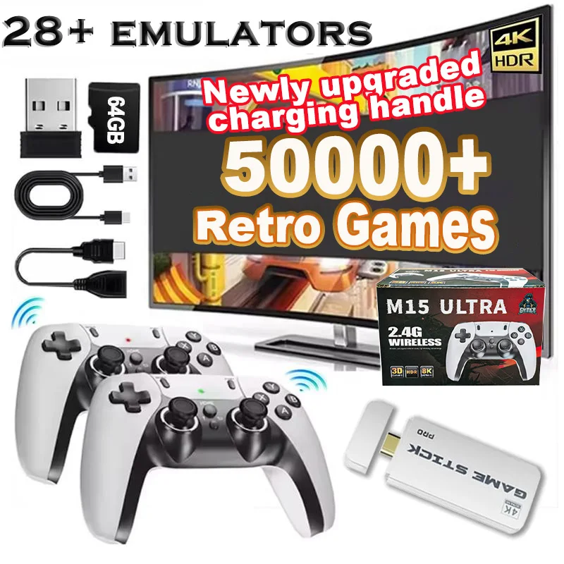 4K Ultra HD M15 Game Stick 64G 128G Retro Video Game Console 2.4G Dual Wireless Controller 50000+ Classic Games Plug And Play
