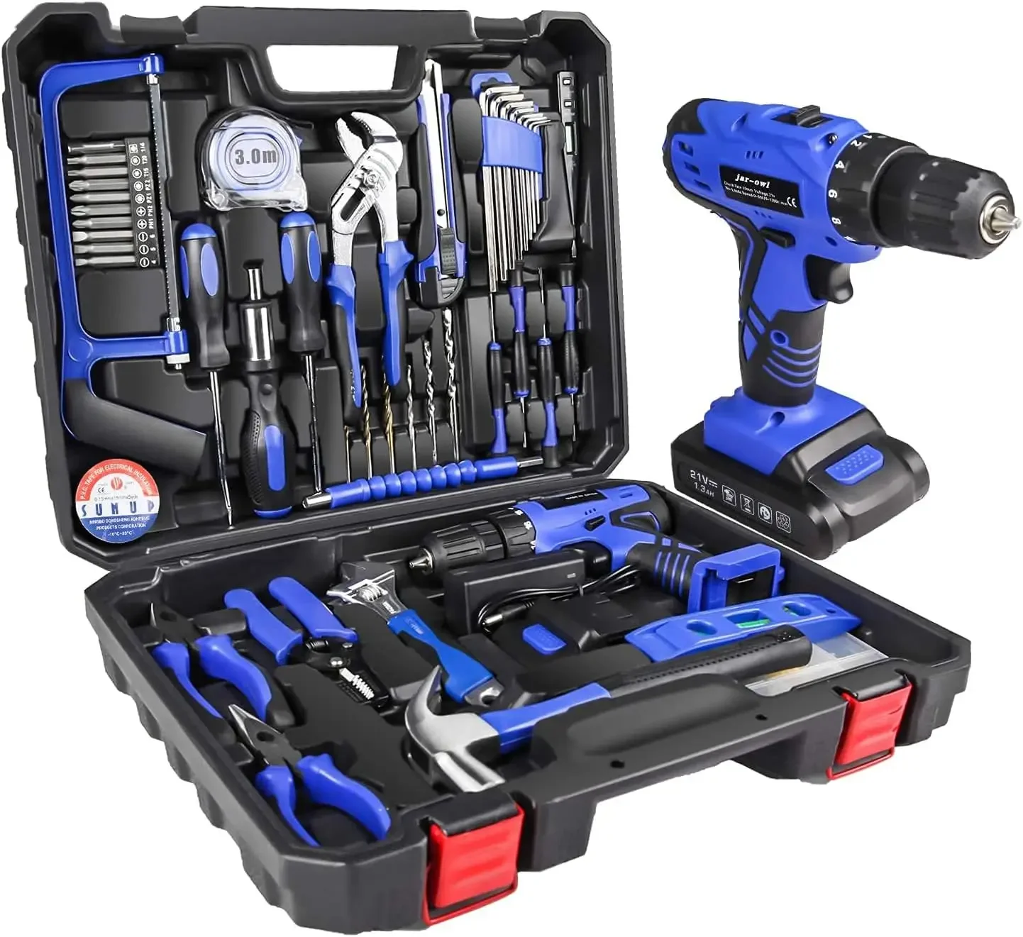 21V Tool Set with Drill, 350 in-lb Torque, 0-1350RMP Variable Speed, 10MM 3/8'' Keyless Chuck, 18+1 Clutch, 1.5Ah Li-Ion