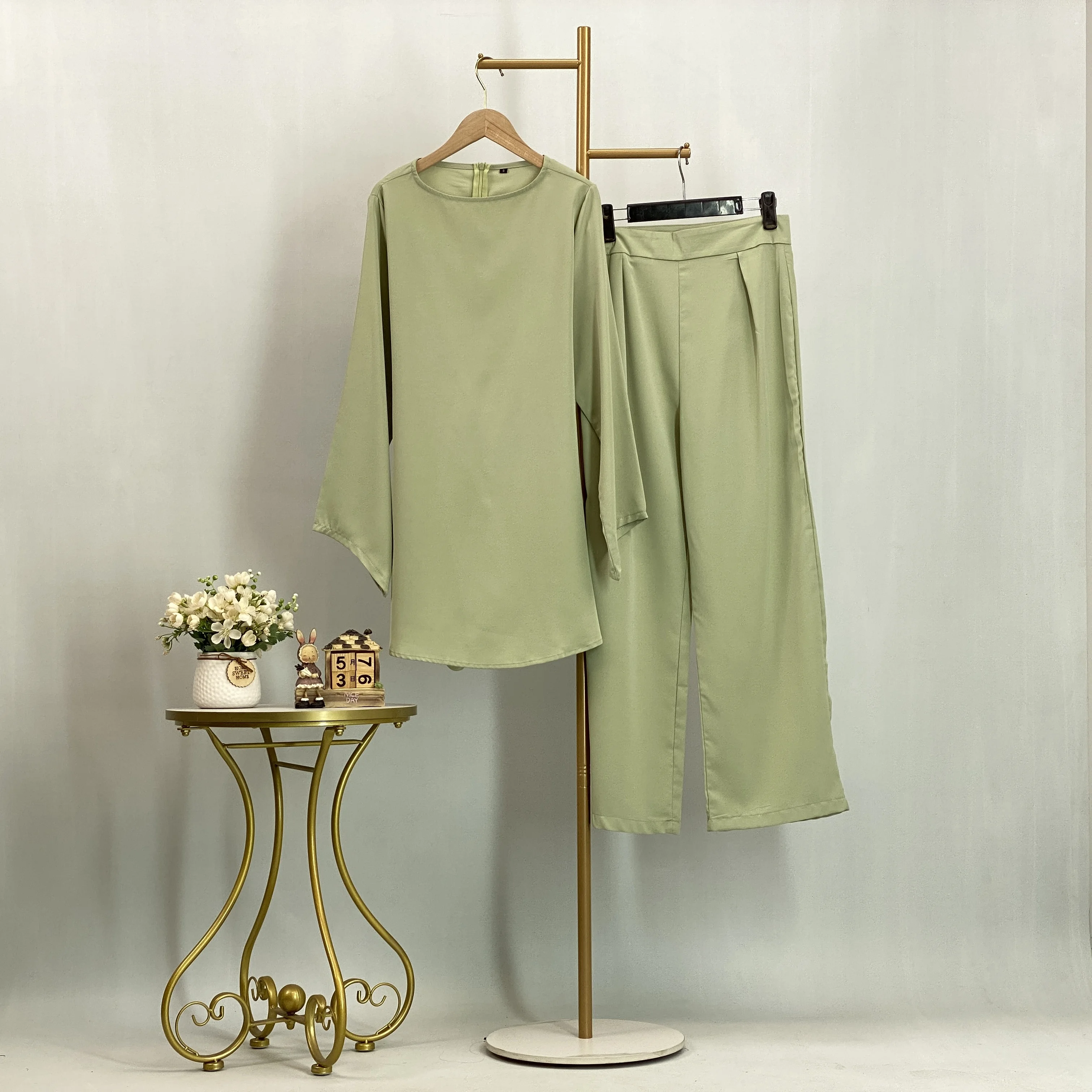 Muslim Women Fashion Tie Waist Shirt &Wide Leg Pants Elegant Loose Casual Loungewear Islamic Daily Co-ord Tracksuit