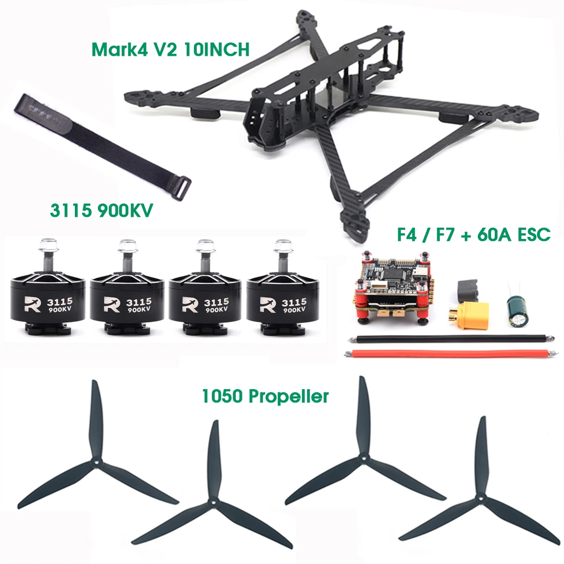 

F4 F405 / F7 F722 Flight Control & 60A 4in1 ESC & 3115 900KV Motor & Mark4 V2 10inch 427mm 1050 Prop Frame Long Range Drone Kit